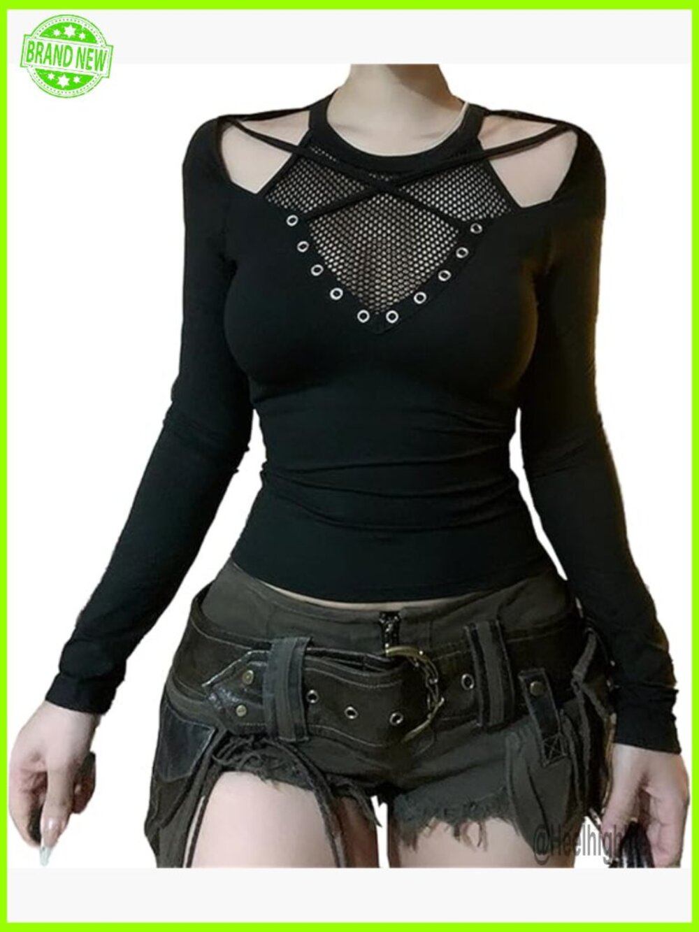 Gothic Long Sleeve T-Shirt with Mesh Cutout Details for Women